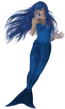 Blue haired and tailed mermaid swimming