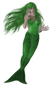 Green haired and tailed mermaid swimming