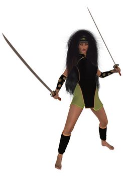 Woman standing holding two swords