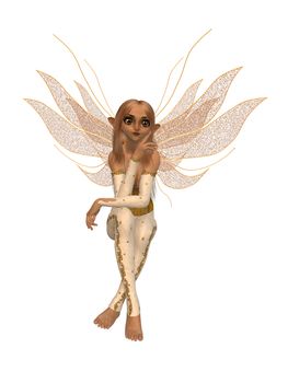 Fairy sitting down and thinking with wings spread