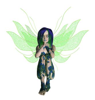 Blue green flower fairy sitting down