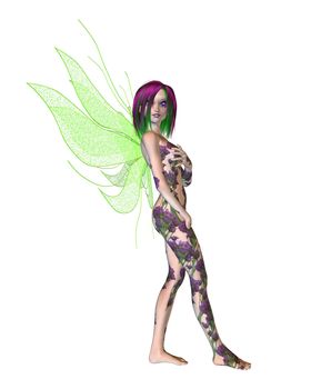 Purple green flower fairy standing