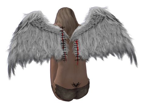 Blonde hair angel with stitched wings and a tattoo