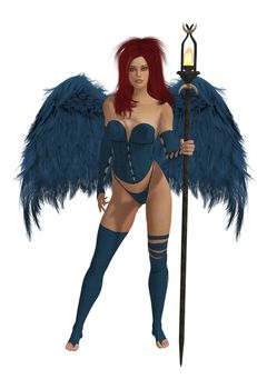 Blue winged angel with red hair standing holding a torch