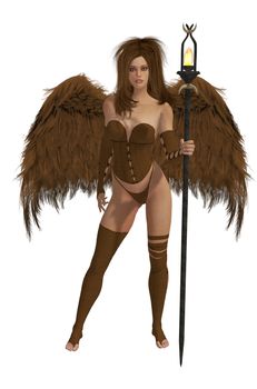 Brown winged angel with brunette hair standing holding a torch