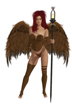 Brown winged angel with red hair standing holding a torch