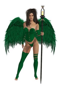 Green winged angel with dark hair standing holding a torch