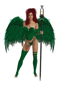 Green winged angel with red hair standing holding a torch