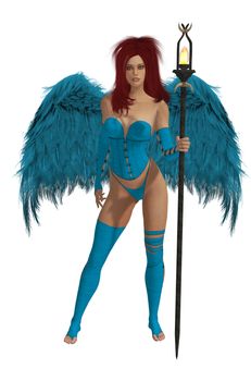 Baby blue winged angel with red hair standing holding a torch