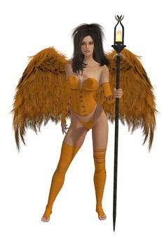 Orange winged angel with dark hair standing holding a torch