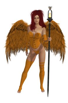 Orange winged angel with red hair standing holding a torch