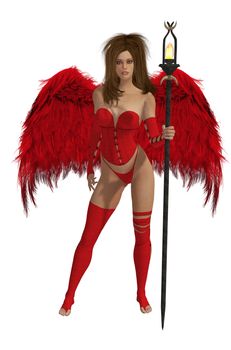 Red winged angel with brunette hair standing holding a torch