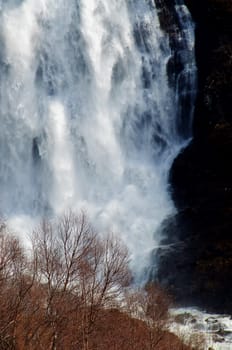 Close up of a large waterfall with a lot of water flow