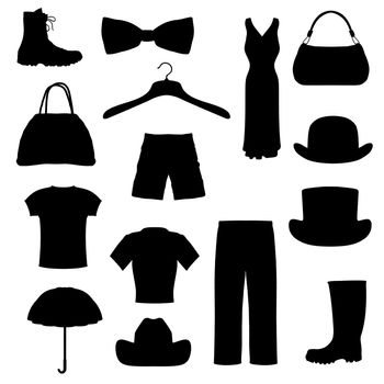 isolated silhouettes of different clothing and accessories