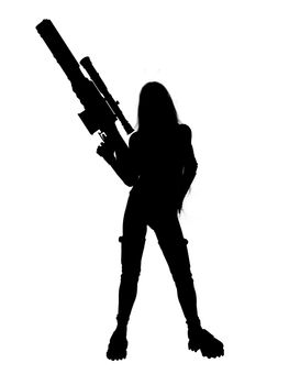 Woman standing and holding a gun silhouette