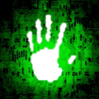 Illustration of a white hand print over an abstract technology background