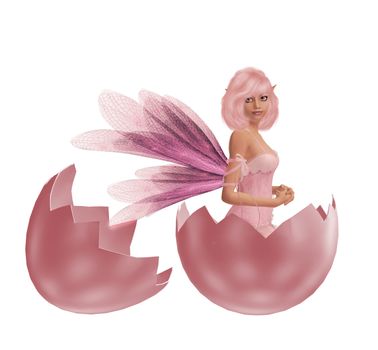 Pink fairy sitting down in an eggshell