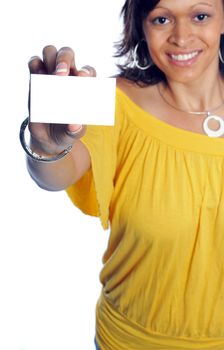 woman hold out her business card and smiling