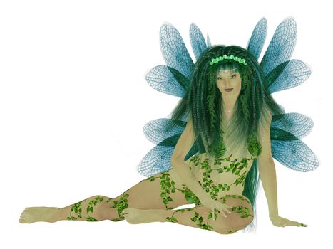 Translucent blue green fairy sitting down