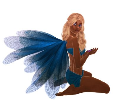 Blue fairy with blonde hair, sitting holding flowers in her hand