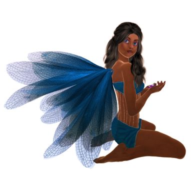 Blue fairy with dark hair, sitting holding flowers in her hand