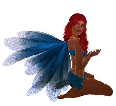 Blue fairy with red hair, sitting holding flowers in her hand