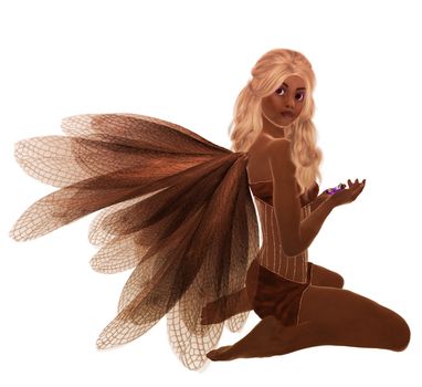 Brown fairy with blonde hair, sitting holding flowers in her hand