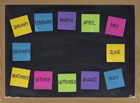 twelve months around copy space on blackboard represented with sticky notes