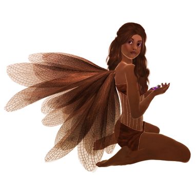 Brown fairy with brunette hair, sitting holding flowers in her hand