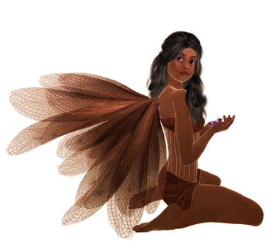 Brown fairy with dark hair, sitting holding flowers in her hand