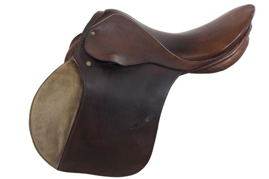 well used, English style, horse saddle, isolated on white, clipping path included, brown leather with gold trim