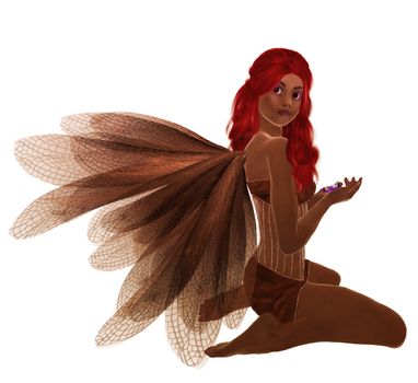 Brown fairy with red hair, sitting holding flowers in her hand