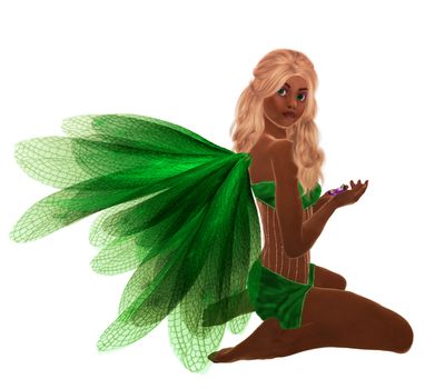 Green fairy with blonde hair, sitting holding flowers in her hand