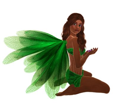 Green fairy with brunette hair, sitting holding flowers in her hand