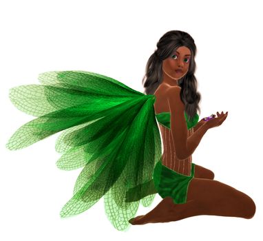 Green fairy with dark hair, sitting holding flowers in her hand