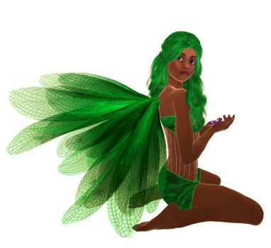 Green fairy with green hair, sitting holding flowers in her hand