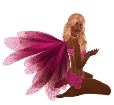 Pink fairy with blonde hair, sitting holding flowers in her hand