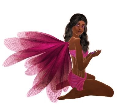 Pink fairy with dark hair, sitting holding flowers in her hand