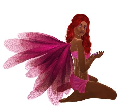 Pink fairy with pink hair, sitting holding flowers in her hand