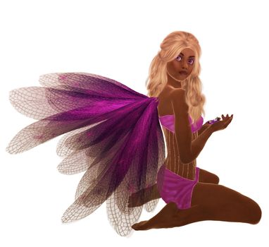 Purple fairy with blonde hair, sitting holding flowers in her hand