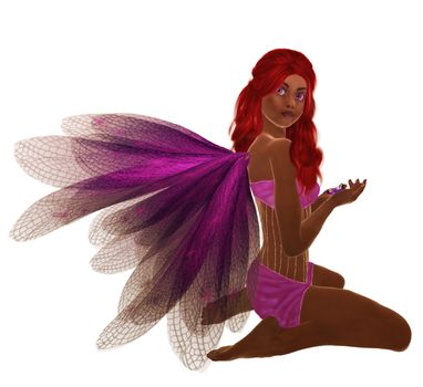 Purple fairy with red hair, sitting holding flowers in her hand
