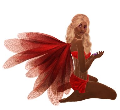 Red fairy with blonde hair, sitting holding flowers in her hand