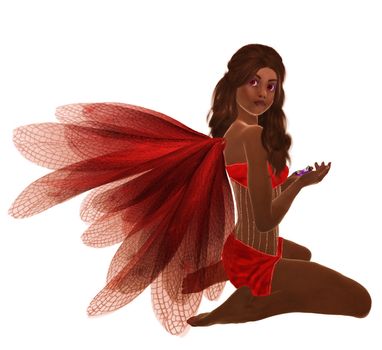 Red fairy with brunette hair, sitting holding flowers in her hand