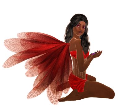 Red fairy with dark hair, sitting holding flowers in her hand