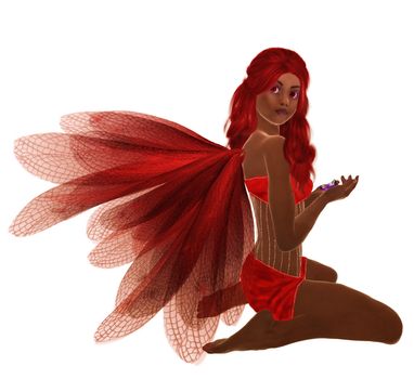 Red fairy with red hair, sitting holding flowers in her hand