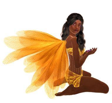 Yellow fairy with dark hair, sitting holding flowers in her hand