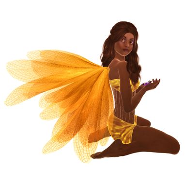 Yellow fairy with brunette hair, sitting holding flowers in her hand