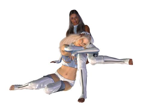 Two sci fi women sitting down