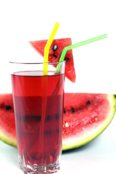 Shot of red refreshing watermelon drink on white background