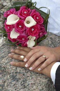 Just married couple showing their wedding rings